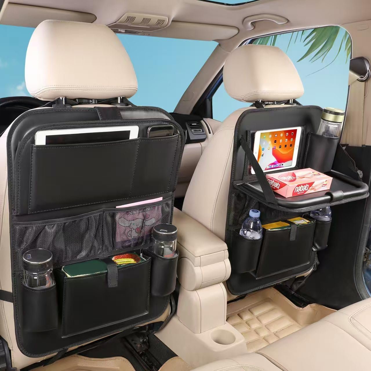 Leather Car Backseat Organizer with Tablet Holder – 9 Large Storage Pockets, Foldable Food Tray & Anti-Scratch Kick Mats – Universal Car Seat Protector for Kids, Pets & Travel Accessories 1 Pack