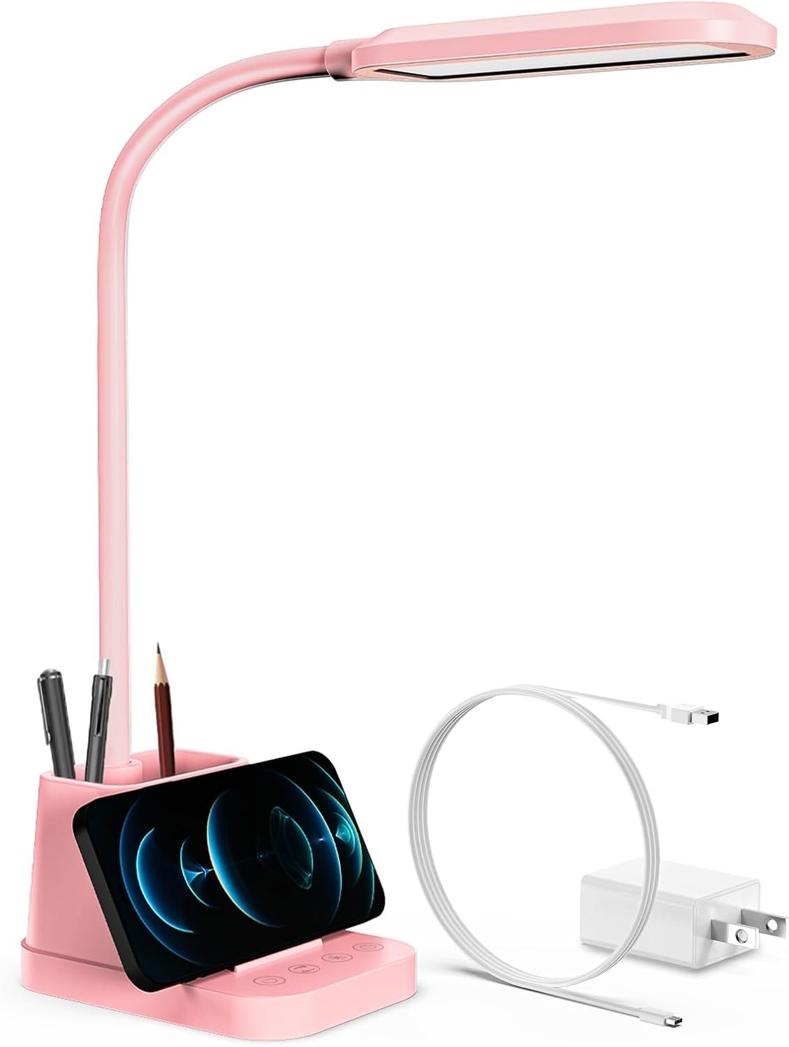 Pink Cute Desk Lamp with USB Charging Port for Kids Teen Girls Women | Kawaii, Small, LED, 650LM, for College Dorm Room Bedrooms, Home Office Accessories, Study Table Essentials