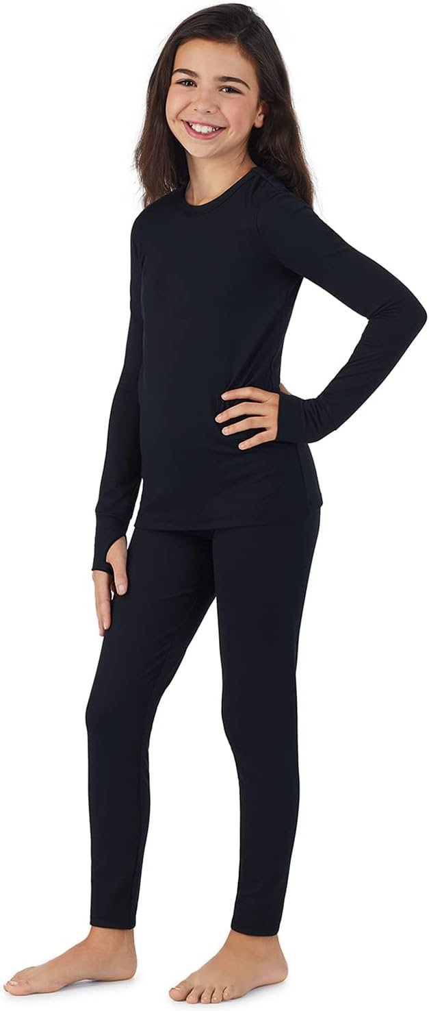 Cuddl Duds Heavyweight 2 Piece Sets Base Layer Thermal Underwear for Girls | Winter Clothing, Fleece Lined Long Sleeve Top & Leggings, Soft Lounge Set for Cold Weather, Moisture Wicking Heat Retention