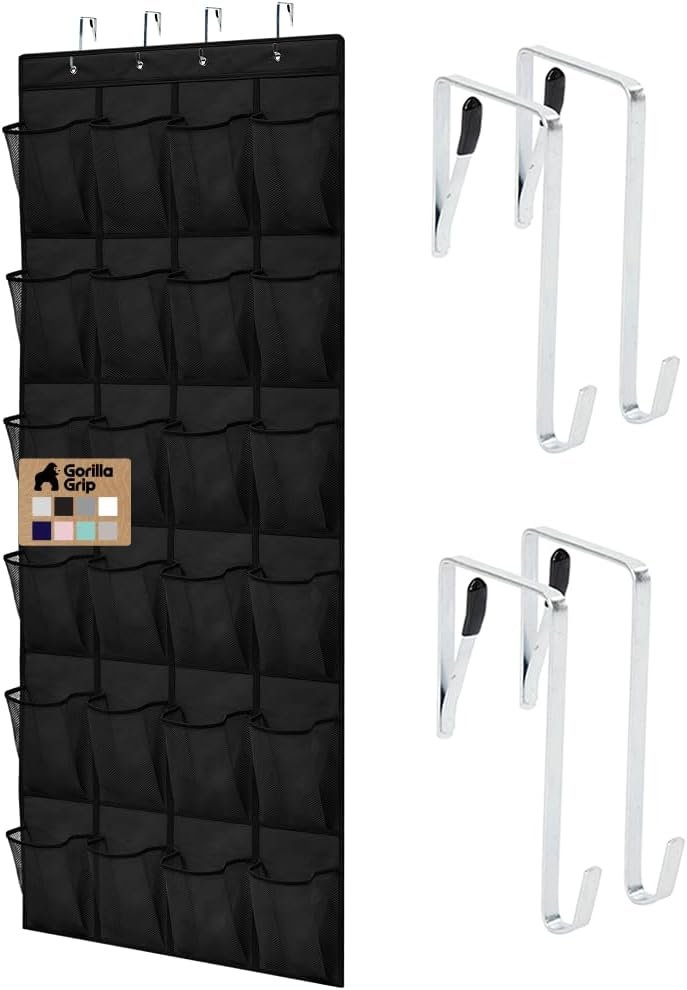 GORILLA GRIP Over the Door Shoe Organizer, 24 Large Breathable Mesh Pockets, Space Saving Hanging Storage Holder, Closet Rack Hanger Holds Up to 40 lbs, Hangs on Closets for Shoes, Accessories, Black