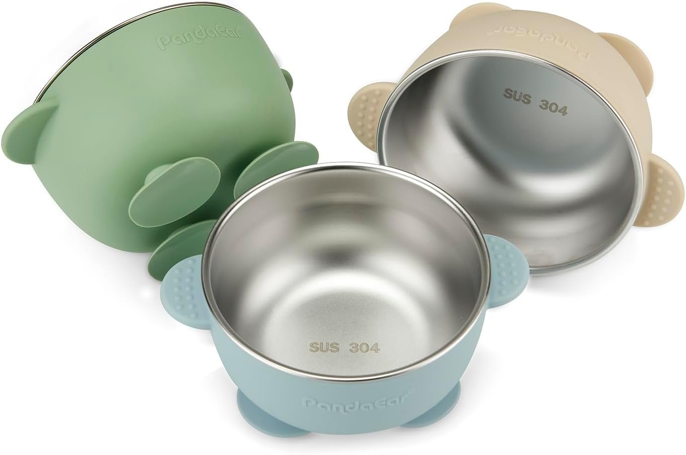 PandaEar 3 Pack Stainless Steel Baby Suction Bowls, Non-Slip Child Food Bowl with Silicone Sleeve for Kids Toddlers Infants, Unbreakable & Mess Free (Blue Green Beige)
