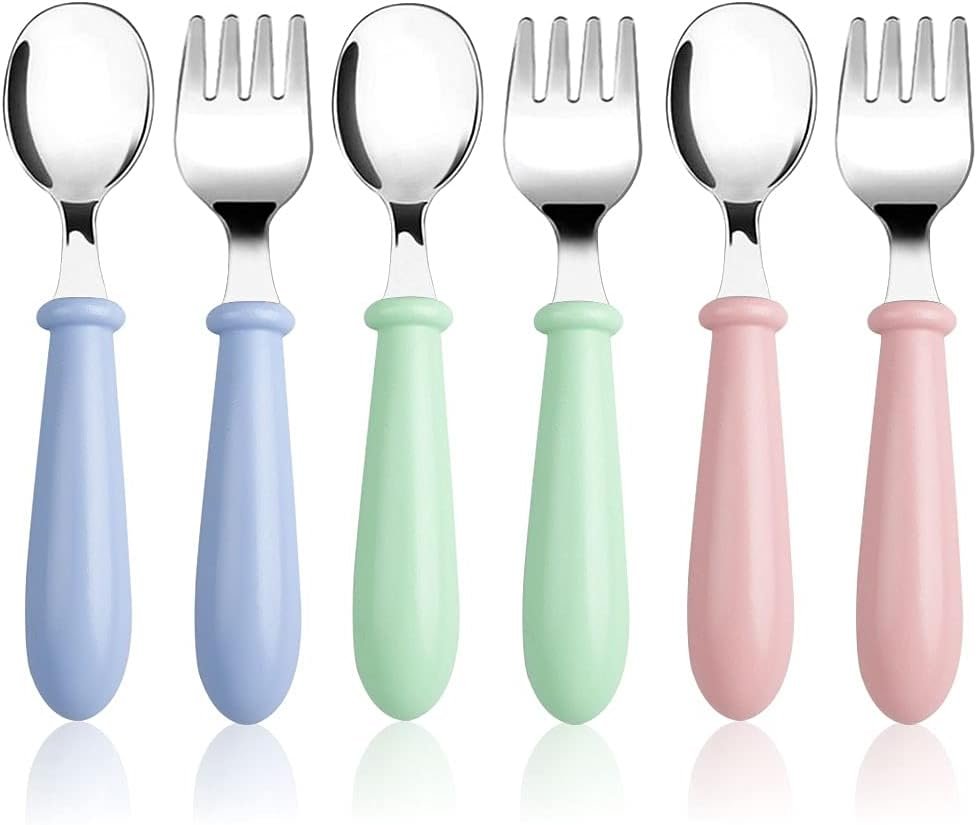 6 Pieces Toddler Utensils Forks and Spoons,Kids Silverware Set | 304 stainless steel, rounded edges, easy-grip handles, dishwasher safe, sized for toddlers, 3 forks and 3 spoons