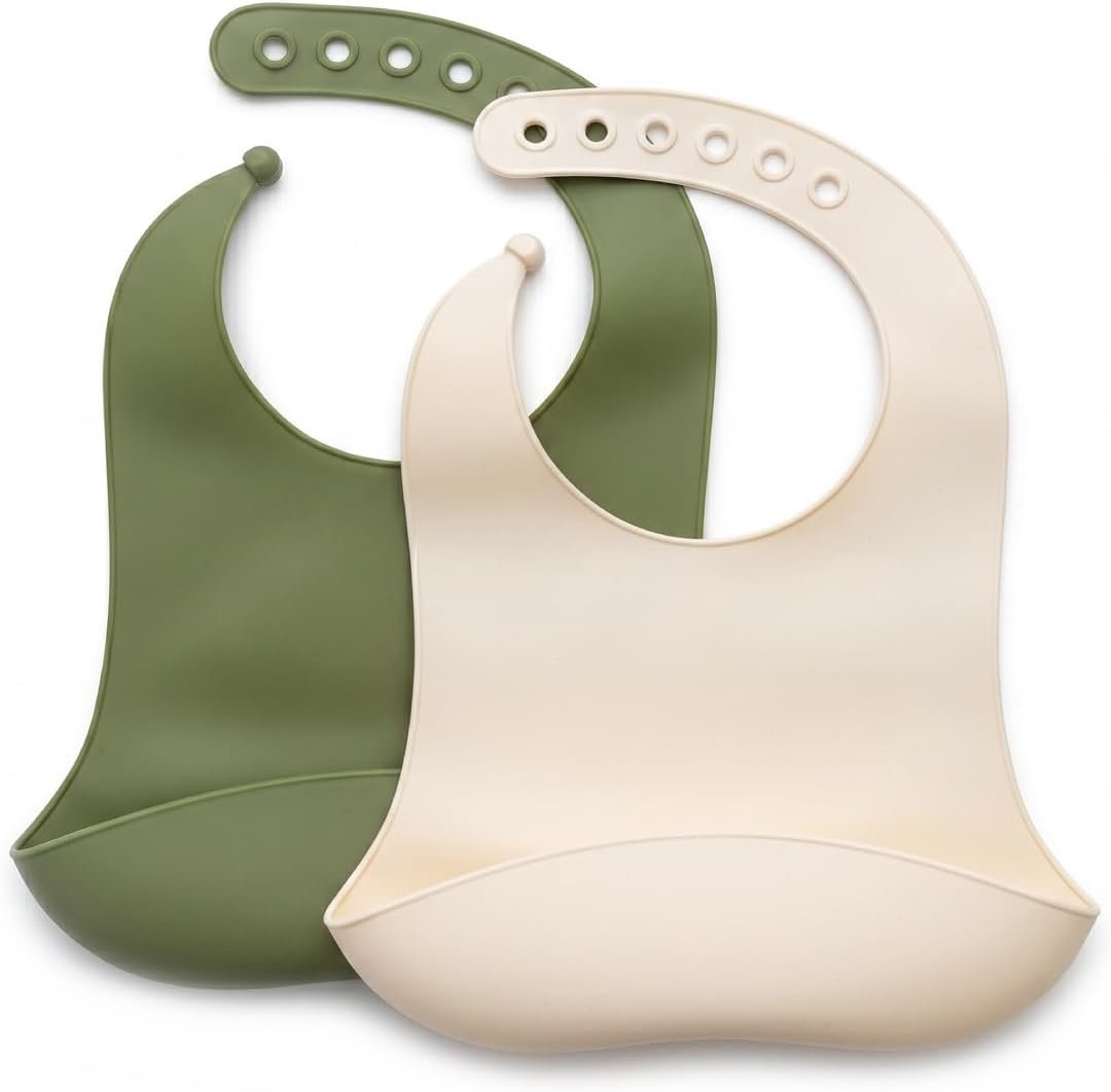 Silicone Baby Bibs 2-Pack – Waterproof Adjustable Baby Bibs for Boys & Girls, Soft BPA-Free Feeding Bibs with Deep Food Catcher Pocket, Easy-Clean Dishwasher Safe Toddler Bibs, Olive Green & Cream