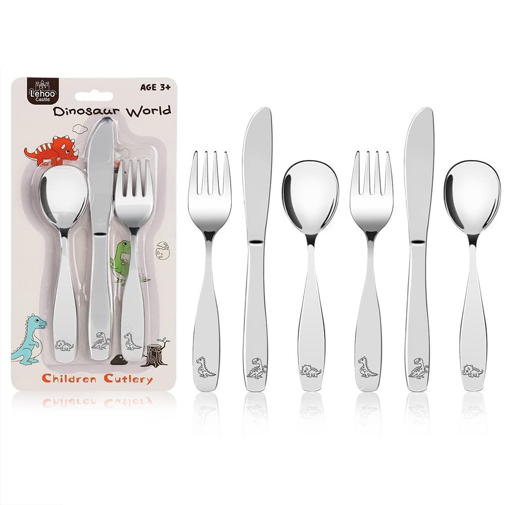 Lehoo Castle 6-Piece Kids Silverware Set, Stainless Steel Toddler Utensils | Dinosaur-Themed Spoon, Fork and Knife Set, Toddler Flatware for Self-Feeding, Ages 3+