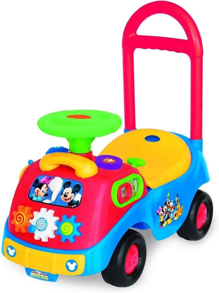 Kiddieland Mickey & Friends Activity Ride-On Car with Lights & Sounds | Toddler foot-to-floor push toy features an interactive phone, gear lever, and music for kids ages 12 to 36 months