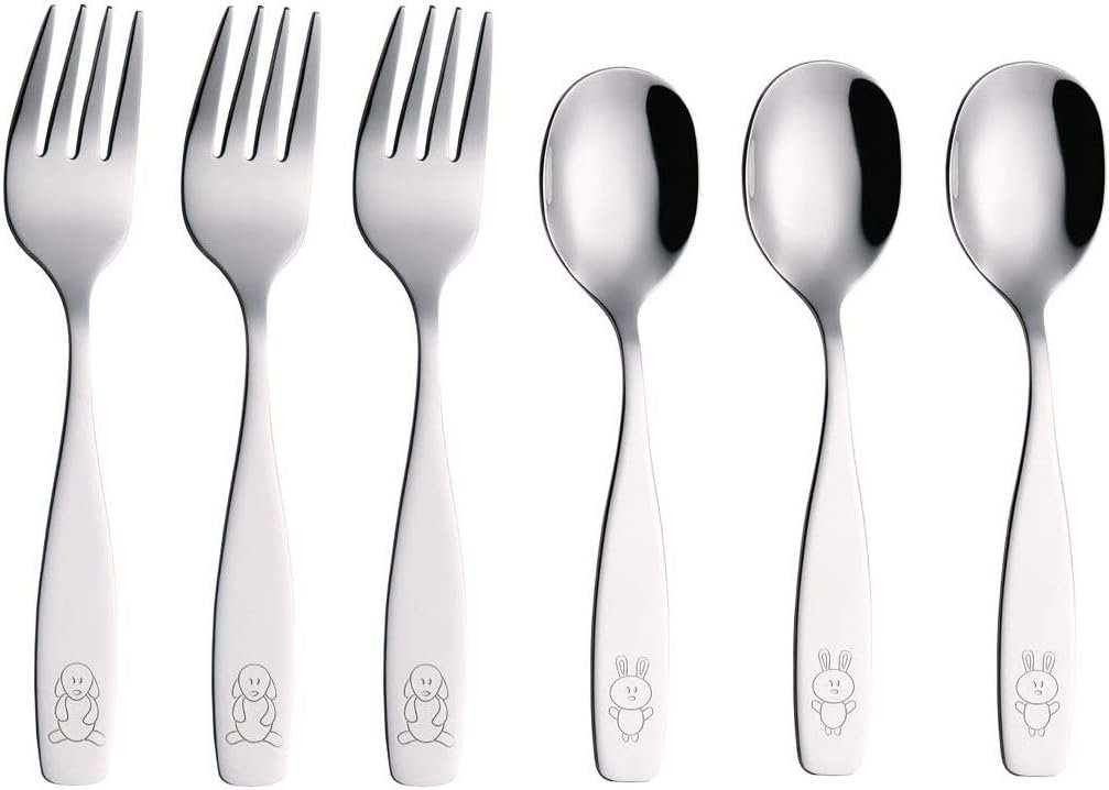 ANNOVA Kids Silverware 6 Pieces Children’s Safe Flatware Set Stainless Steel – 3 x Forks, 3 x Children Dinner Spoons, Toddler Utensils, Metal Cutlery Set for LunchBox (Engraved Dog Bunny)