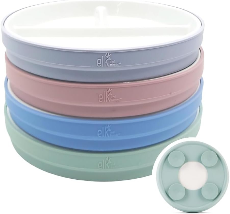 Elk and Friends Kids 7.8” Porcelain White Divided Plates with Silicone Suction Sleeves | Suitable for Babies/Toddlers | Microwave & Dishwasher Safe | Stay Put Dinnerware | Snack Dishes | 4 Pack