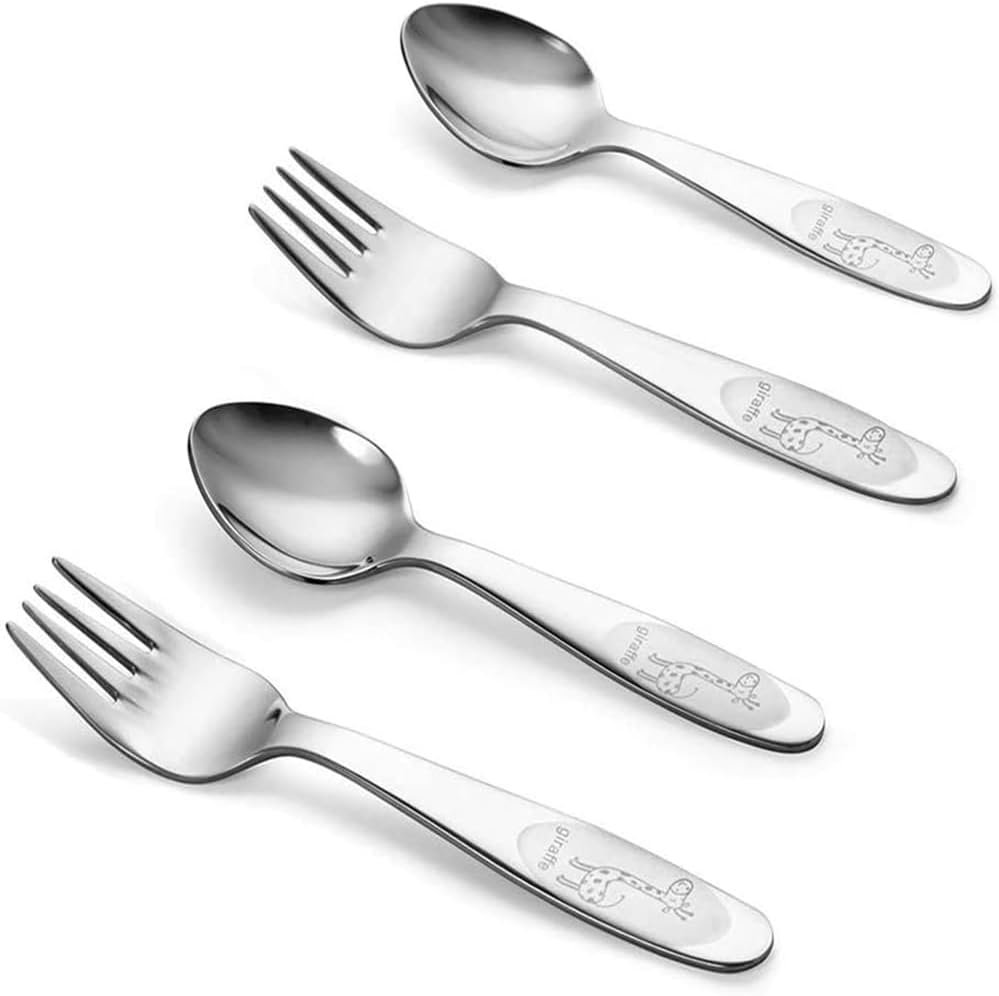 Toddler Forks Spoons, 18/10 Stainless Steel Self-Feeding, Dishwasher Safe | SUS304 18/10 Stainless Steel, Smooth Rounded Edges, Laser-Engraved Giraffe, For Babies 1+ Year Old