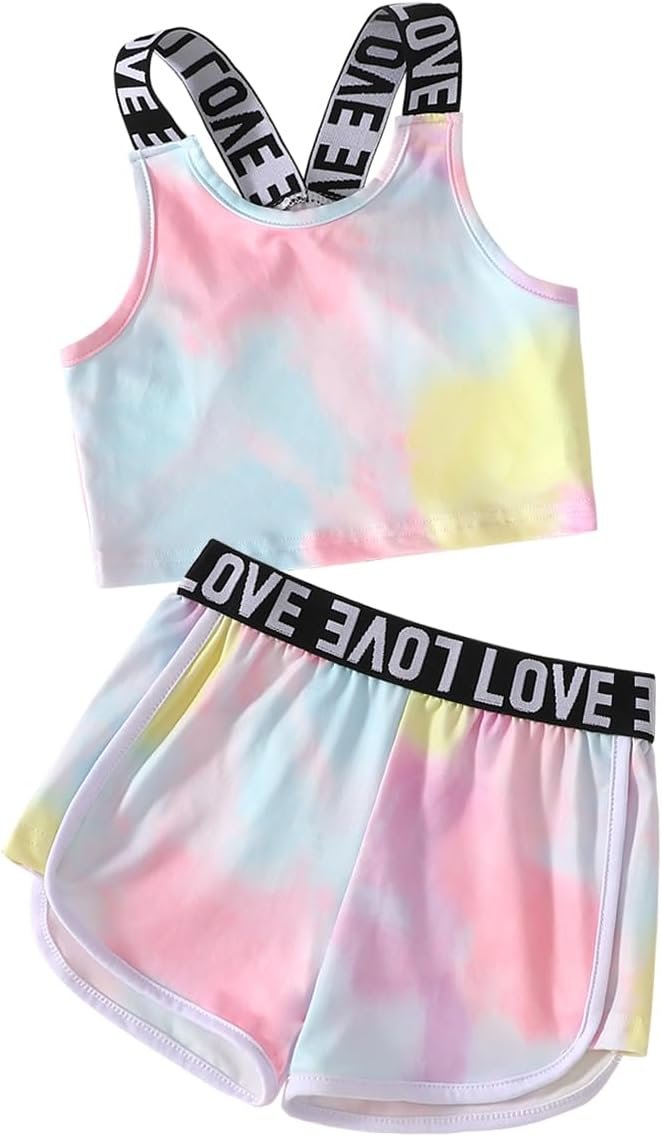 Axumity Kid Girl Outfits Letter Print Tie Dye Crop Tank Top & Contrast Binding Track Shorts 2 Piece Summer Outfit
