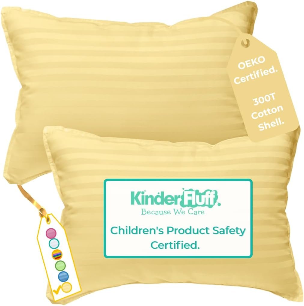kinder Fluff Toddler Pillow 2X–Certified Hypoallergenic Award Winning Baby Pillow (no Pillowcase Needed) 300TC Pure Cotton Shell and Down Alternative Fill. Toddler Bedding Kids Pillow 2+ Yellow