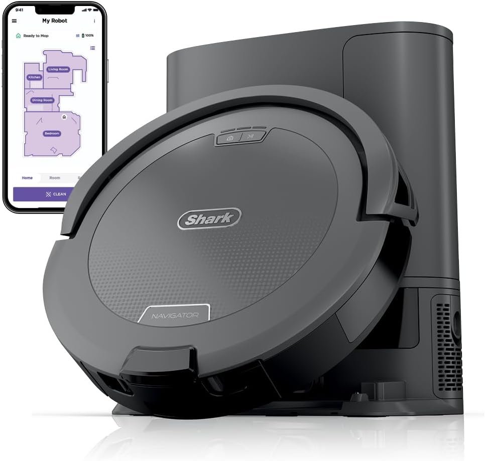 Shark Navigator Robot Vacuum and Self-Empty Base with Bagless 60-Day Capacity Self-Empty Base, SmartPath Navigation, Powerful Pet Hair Pickup, Anti-Hair Wrap, For Carpets & Hard Floors, Grey, RV2100AE