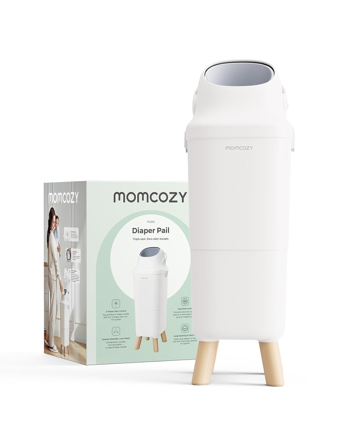 Momcozy Diaper Pail, Triple-Seal Odor Control, Fits Standard Trash Bags | Wide Opening for One-Hand Disposal, 28.86-Inch Ergonomic Height, Large Capacity with Viewing Window and Childproof Lock