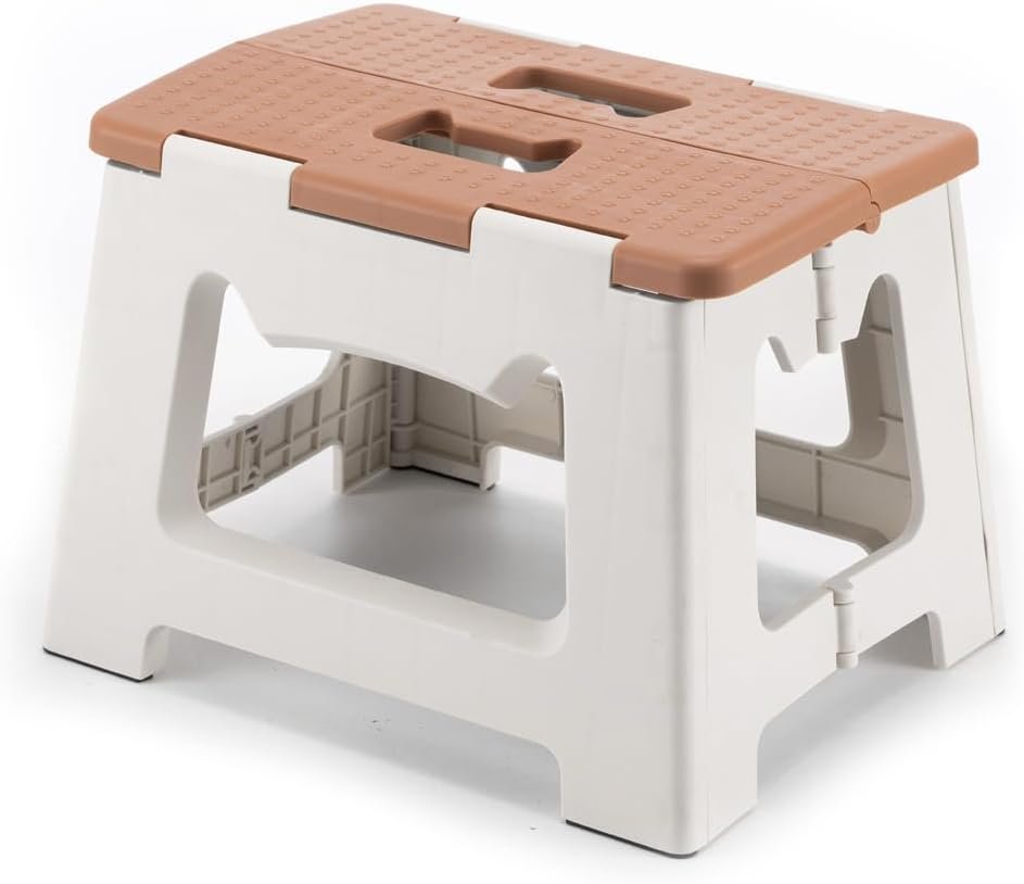 9” Folding Step Stools for Kids and Adults, Hold Up to 300 lbs, Portable Foldable Step Stool for Toddlers, Plastic Small Collapsible Stepping Stools with Handle for Kitchen Bathroom (Khaki)