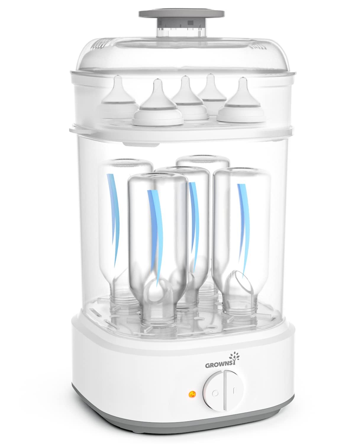 GROWNSY Electric Baby Bottle Sterilizer with 8-Minute Fast Sterilization | Fits 5 Bottles and Breast Pump Parts, 3 Modular Modes for Home or Travel Use, Prevents Secondary Pollution, White