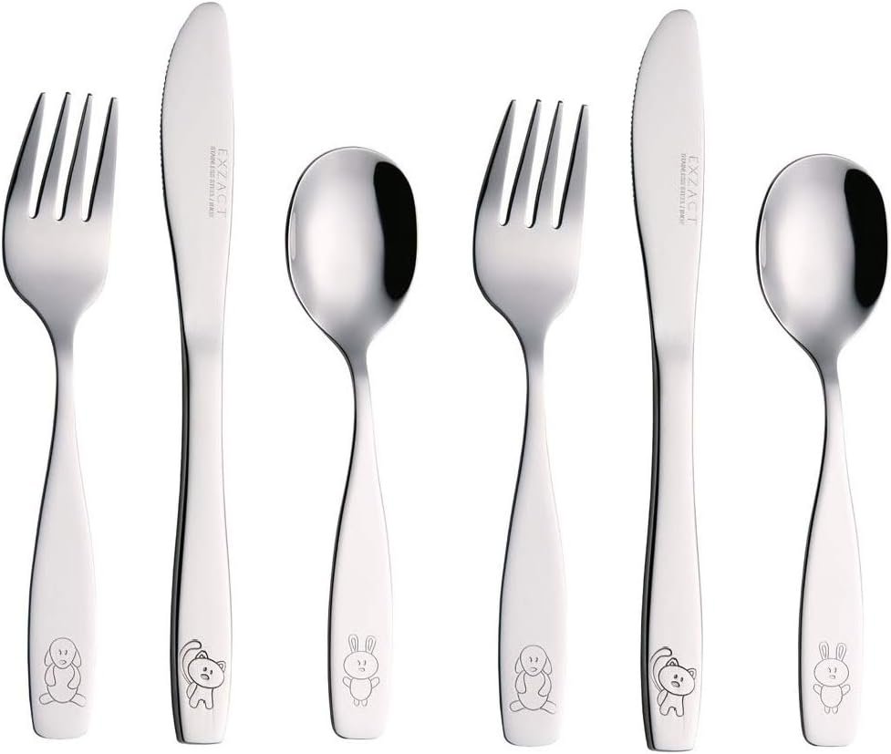 Exzact Children Cutlery Set 6pcs Stainless Steel Kids Toddler 24M+ | Dishwasher Safe Mirror Polished Food Grade Meals Snacks Easy Grip Fork Rounded Knife Spoon Engraved Dog Cat Bunny