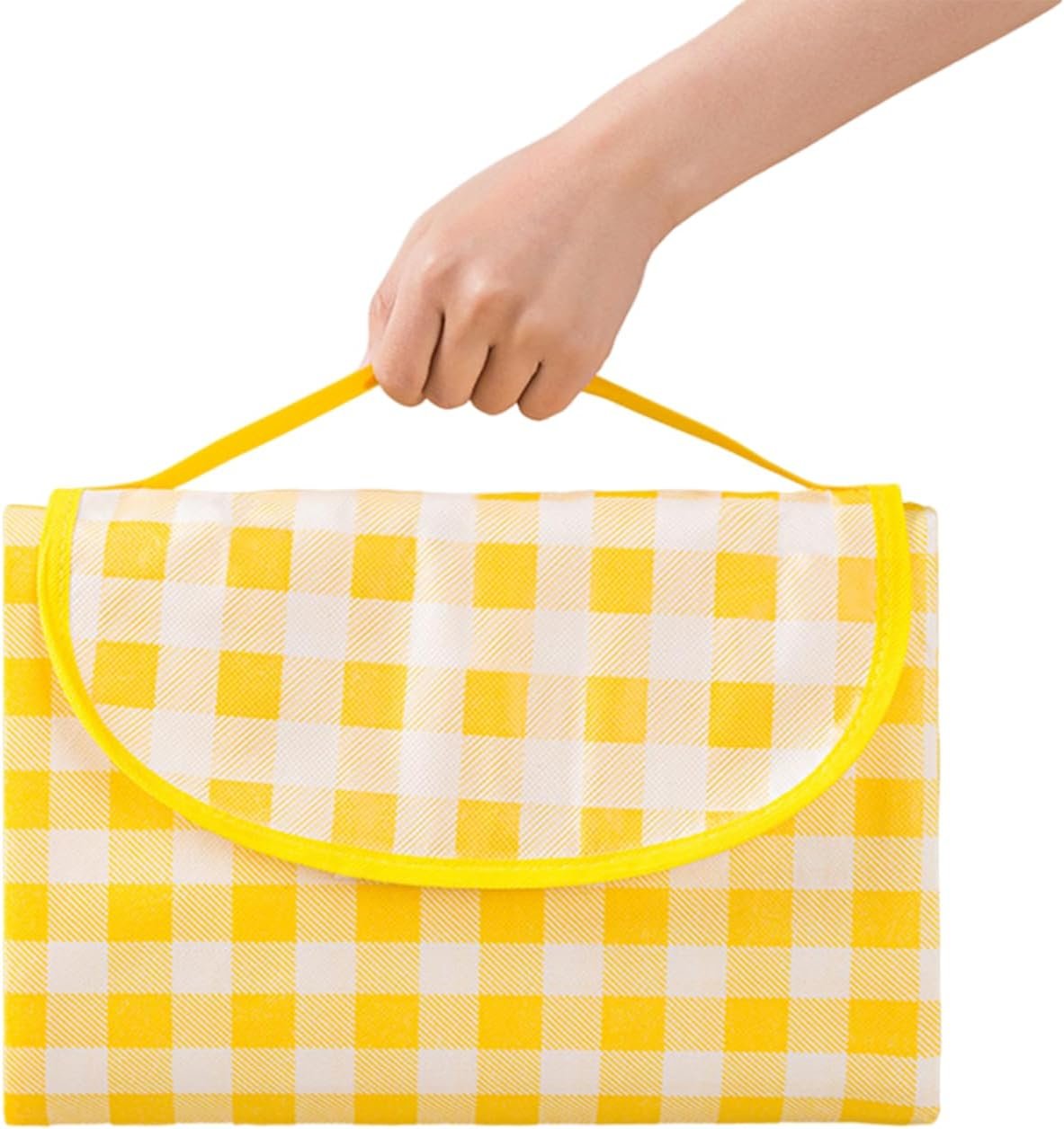 Portable Picnic Blanket, Waterproof Sandproof Foldable Outdoor Mat with Handle for Beach, Camping, Hiking, Travel, and Family Concerts (Yellow)