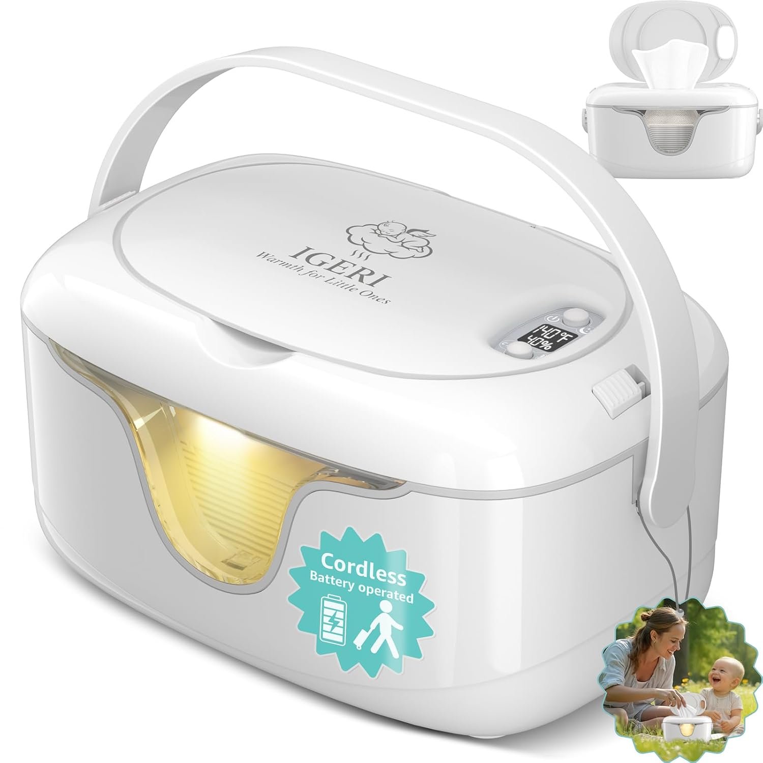 Portable Baby Wipe Warmer – Cordless Rechargeable Wet Wipes Dispenser for Travel Battery Operated with Nightlight Temperature Control for On the Go
