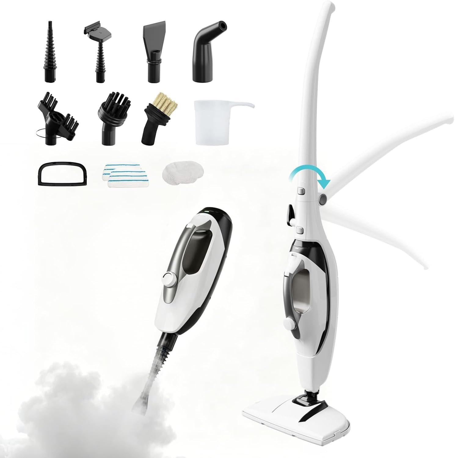 10-in-1 Steam Mops for Floor Cleaning, 302℉ Detachable Handheld Steam Cleaner with 400ml Water Tank and 26.25ft Power Cord, Folding Floor Steamers for Hardwood and Tile Floors, Silver & White