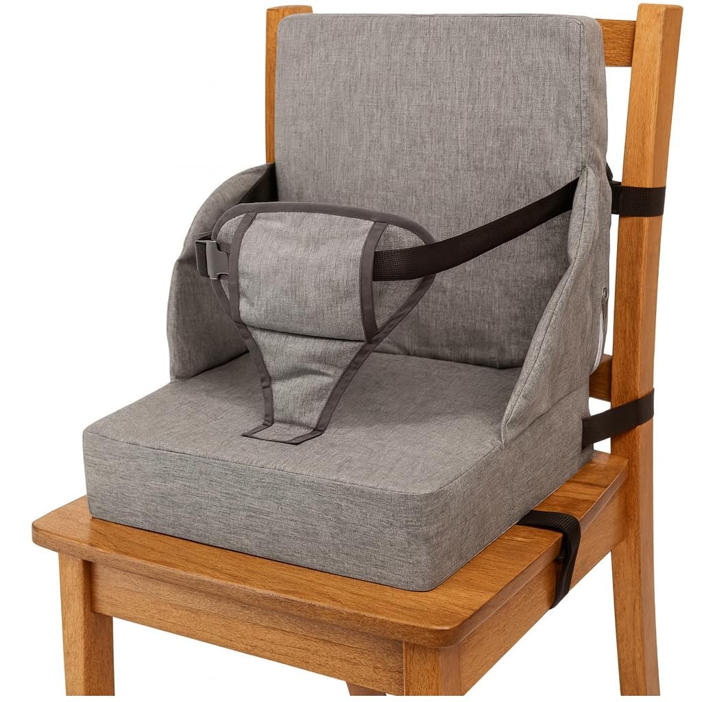 Toddler Booster Seat for Dining Table: Booster Seat for Kitchen Chair Grey | 4-Strap System, Padded 3-Point Harness, Non-Slip Base, Supportive Backrest, Water-Resistant, Easy-Clean, Fits Most Chairs