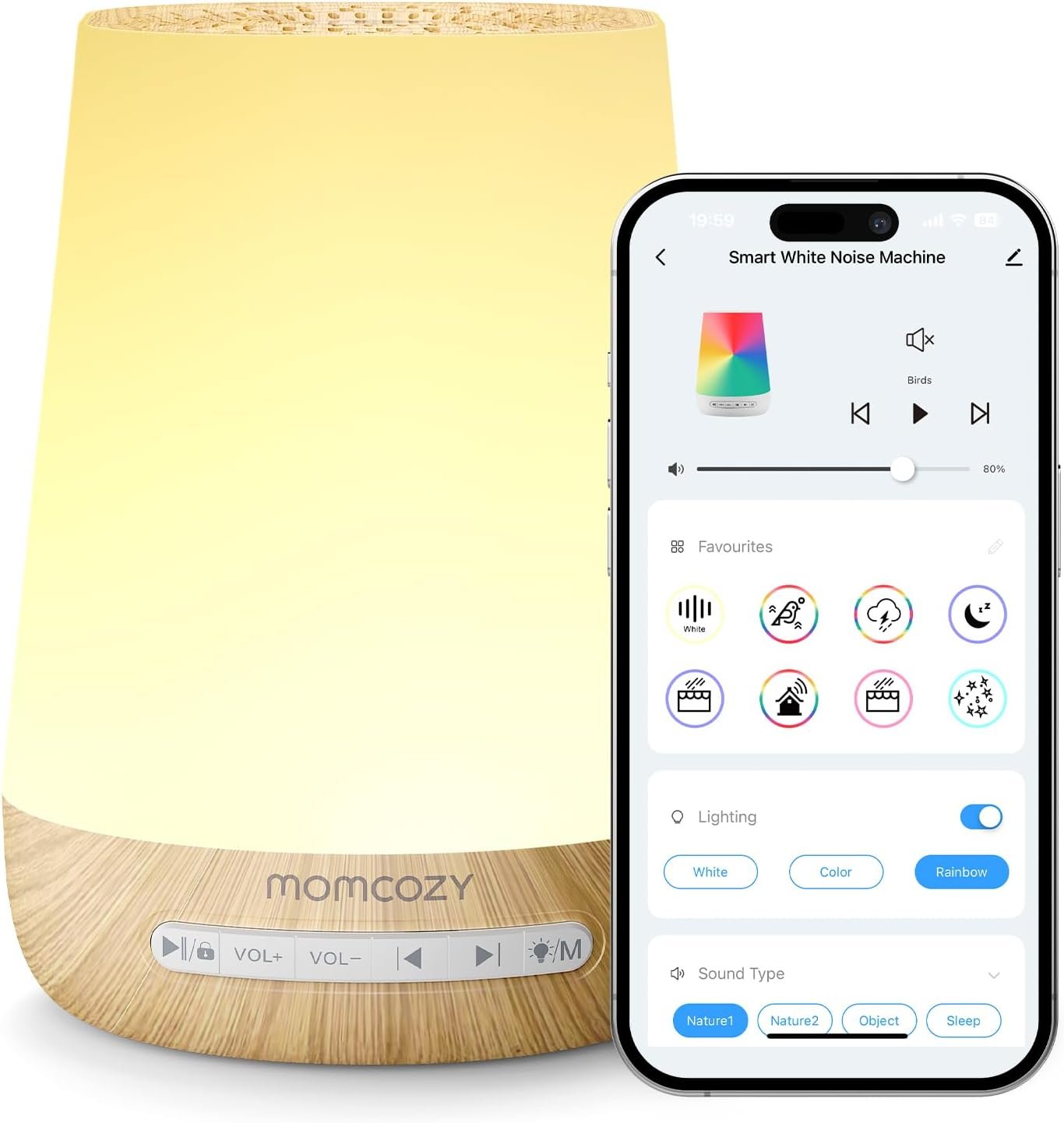 Momcozy Smart Baby White Noise Sound Machine with App Control & Night Light | Toddler Sleep Trainer with 34 Soothing Sounds, Timer, Custom Personal Sleep Routine, Wood Grain