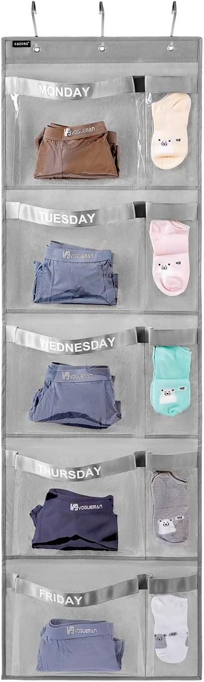 Weekly Kids Clothes Organizer Day of Week School Clothing Storage Monday to Friday Hanging Closet Organizer (GREY)