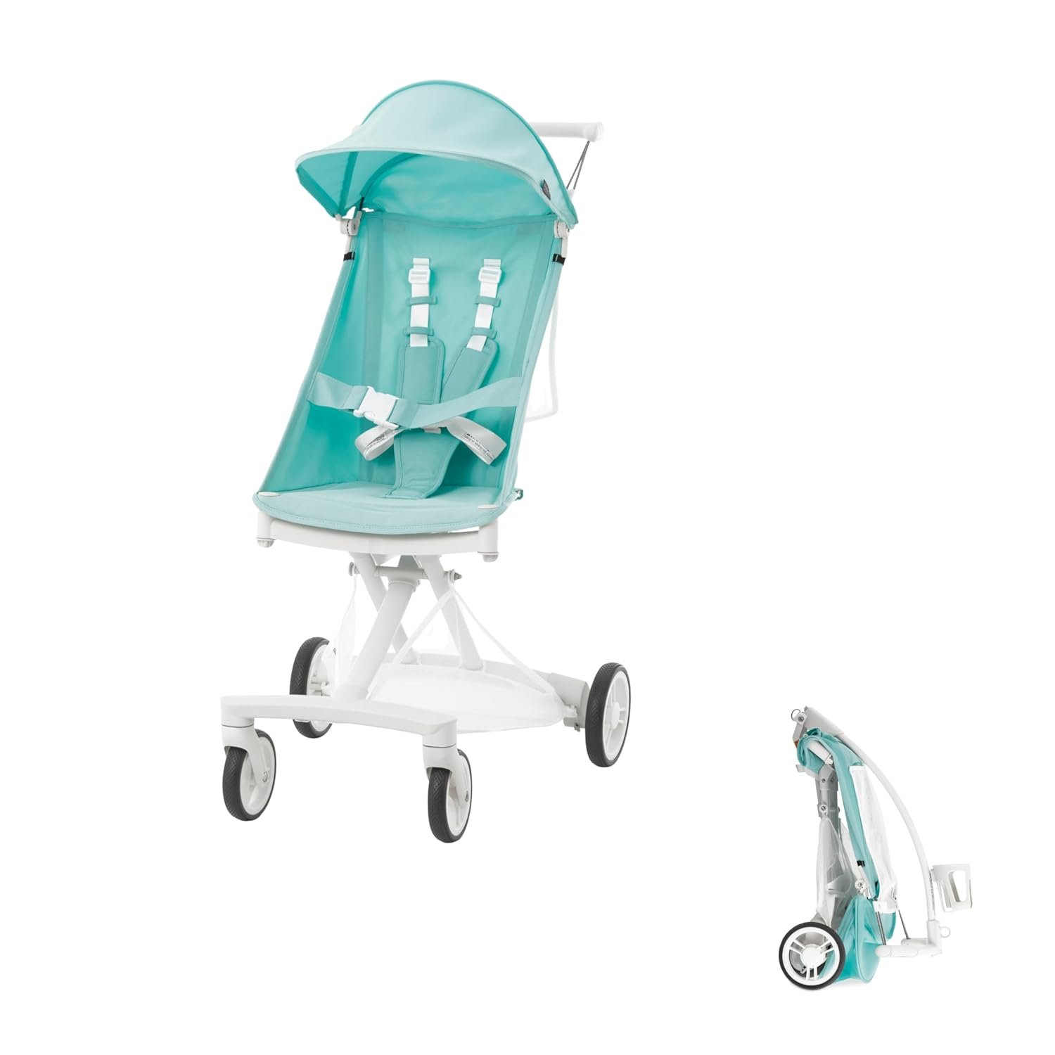 Evolur Roamer Ultra Lightweight Stroller, Compact One-Hand Self-Standing Fold Travel Stroller with 5-Point Safety Harness, Adjustable Sun Canopy, 360° Rotating Wheels with Cup Holder – White & Blue