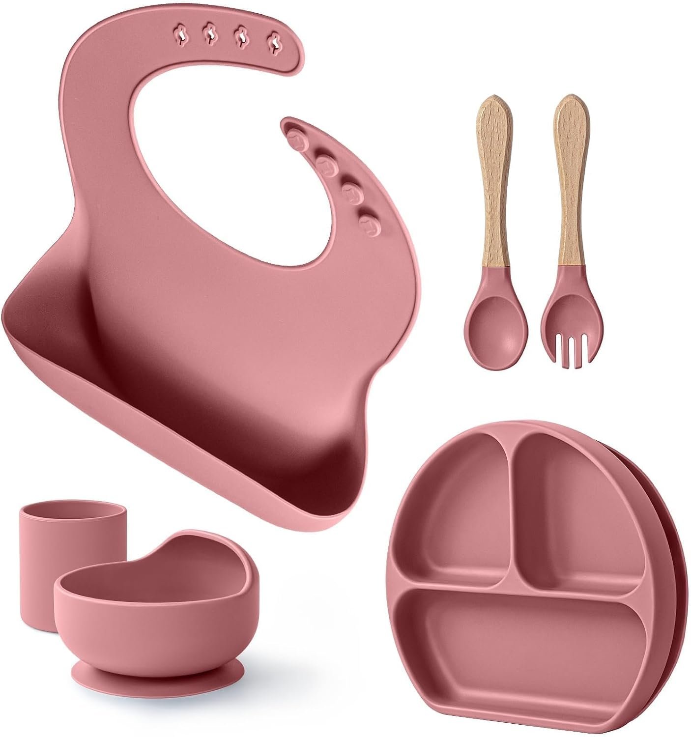 Baby Suction Plates and Bowls Set – 100% Food Grade Silicone Toddler Feeding Supplies for BLW | Stay-Put Divided Dish | Includes Bonus Bib, Cup & Soft Spoon/Fork (6-Piece)