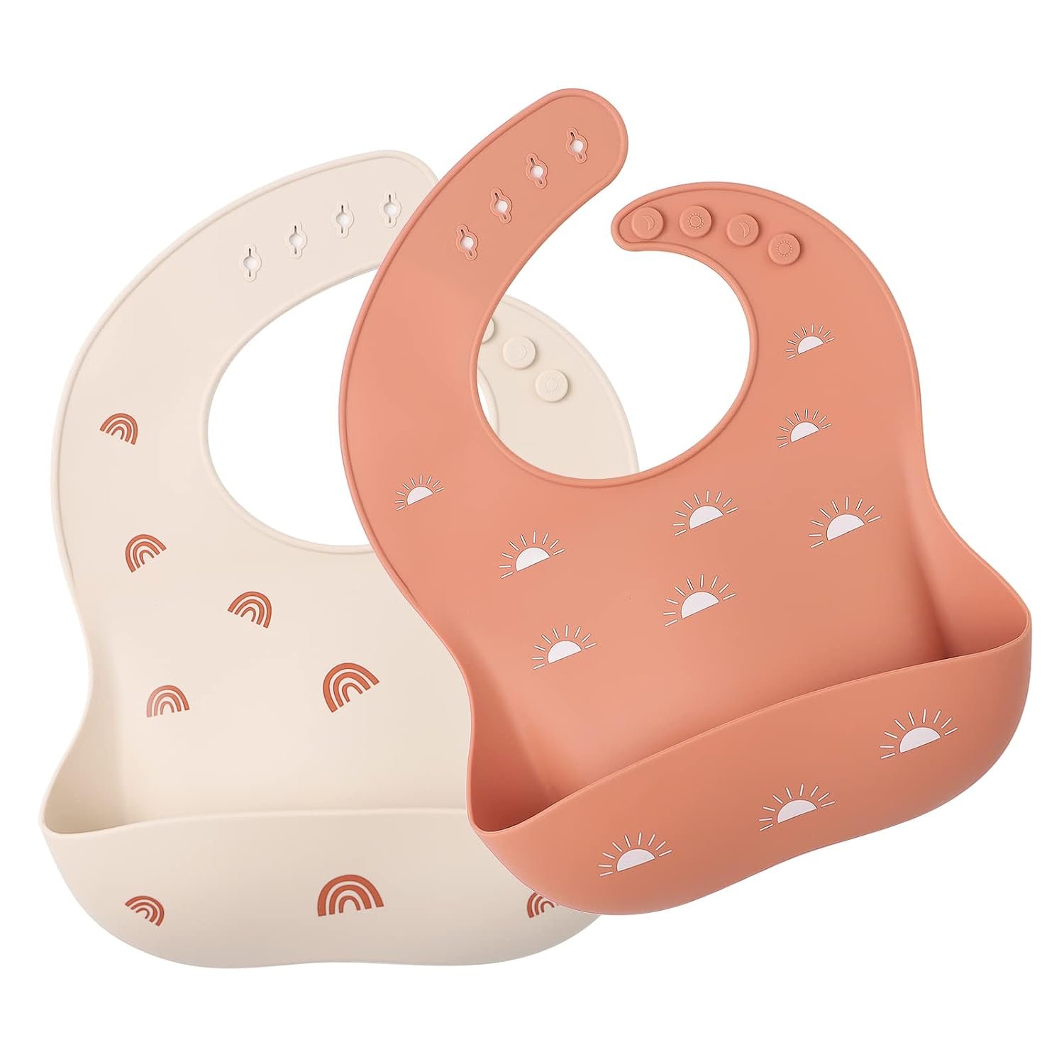 Baby Silicone Bibs 2 Sets Baby Bibs with Food Catcher for Girls Boys Toddlers BPA Free Waterproof Soft Durable Adjustable for Babies-Shifting Sand/Pale Mauve