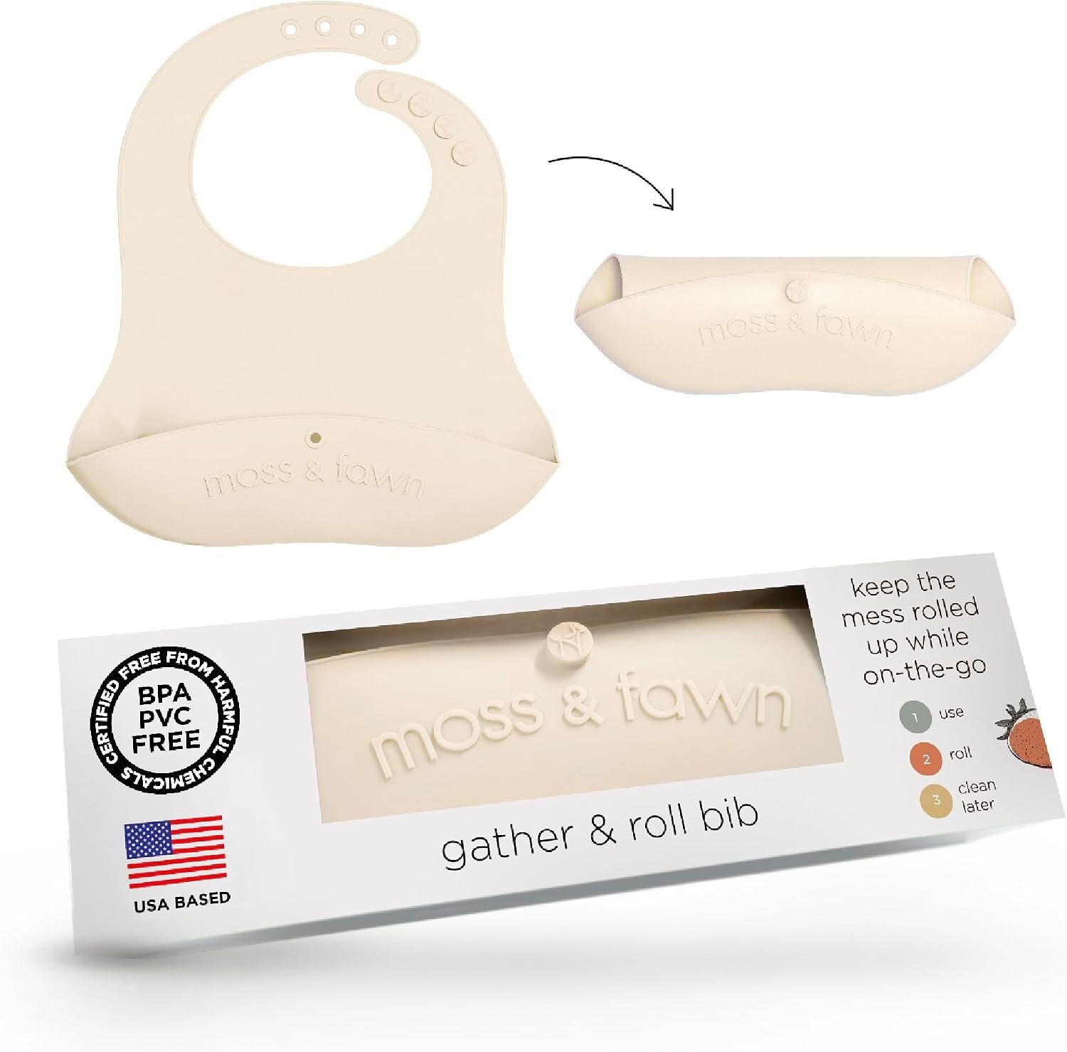 Moss and Fawn Gather & Roll Bib – Silicone Baby Feeding Bib | Washable, Waterproof Baby Feeding Bib, BPA, Lead, & PVC-Free
