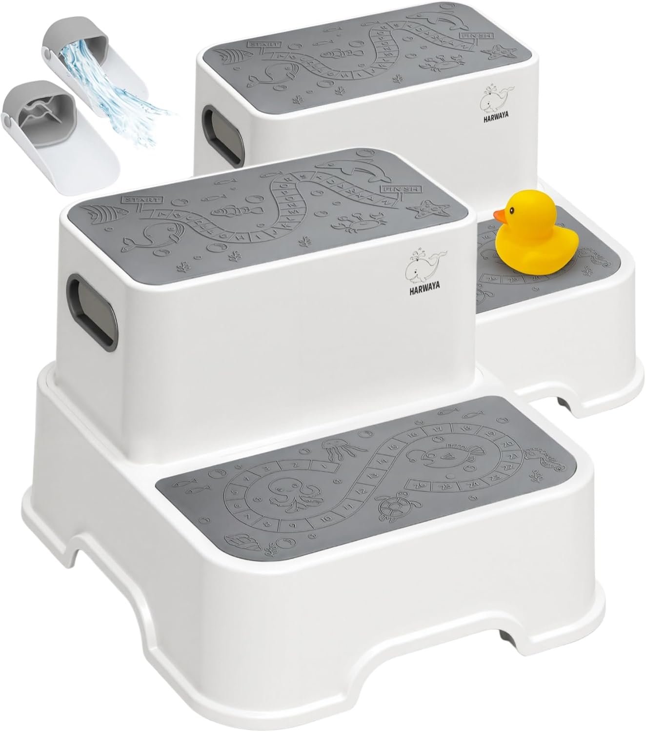 Harwaya Toddler Step Stool for Bathroom Sink 2 Pack, Kids Step Stools for Toilet Potty Training, Plastic Stepping Stool for Toddlers Child Kid Kitchen Bedroom Bed -White (Included Two Faucet Extender)