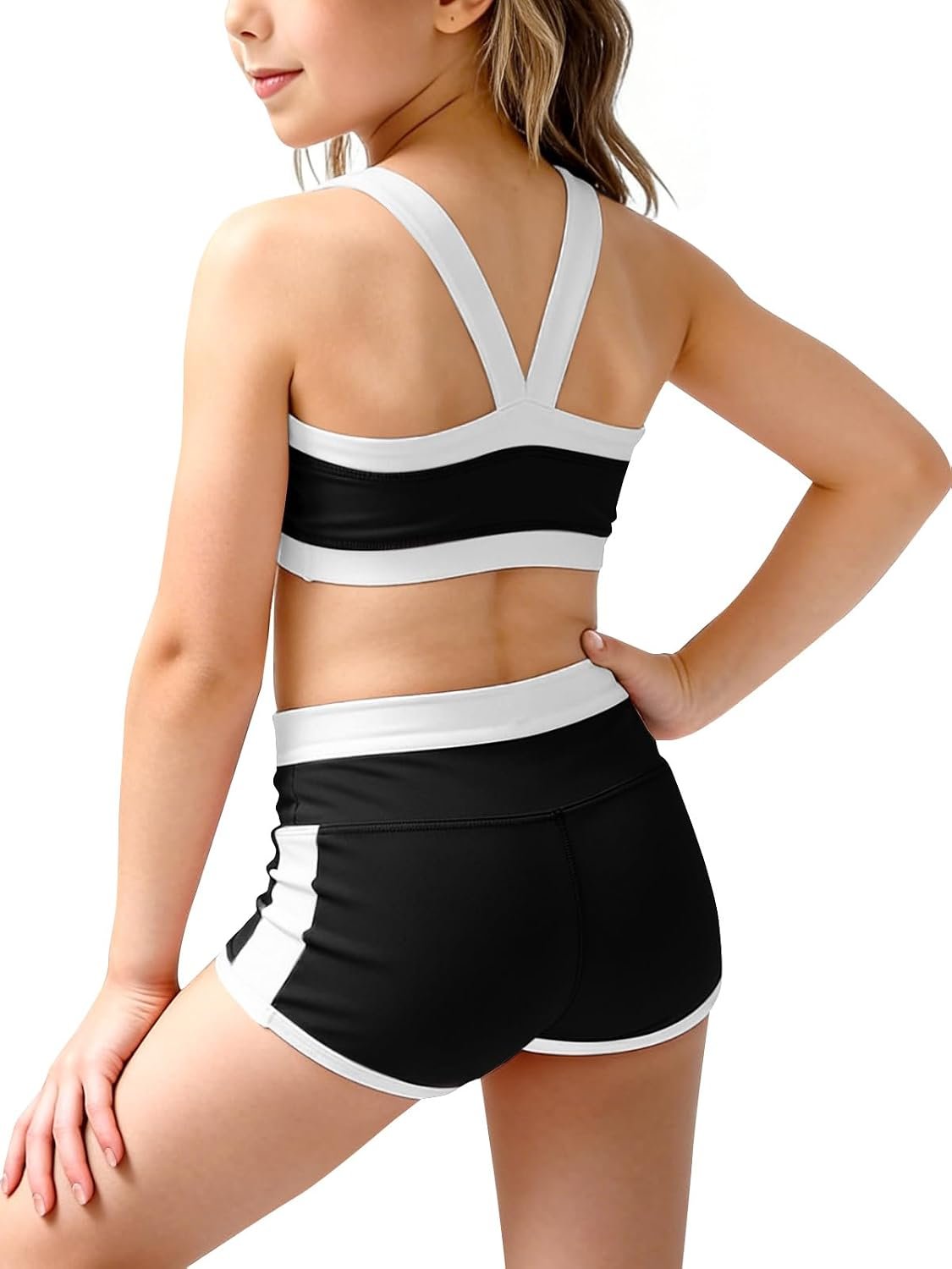 Haloumoning Girls 2 Piece Workout Outfits Athletic Dance Set 5-14Y | Color Block Bra, Elastic High Waist Shorts, Breathable Stretch Fabric, Removable Pads, Yoga, Dance, Gymnastics, Volleyball