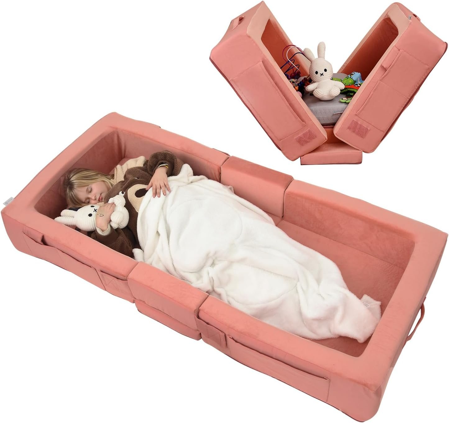 ENITYA Toddler Travel Bed – Portable Foldable Soft Foam Floor Bed for Kids Ages 25 Months to 48 Months, No Assembly, Washable Cover, Built-in Safety Rails, Compact for Travel & Home Use, Pink
