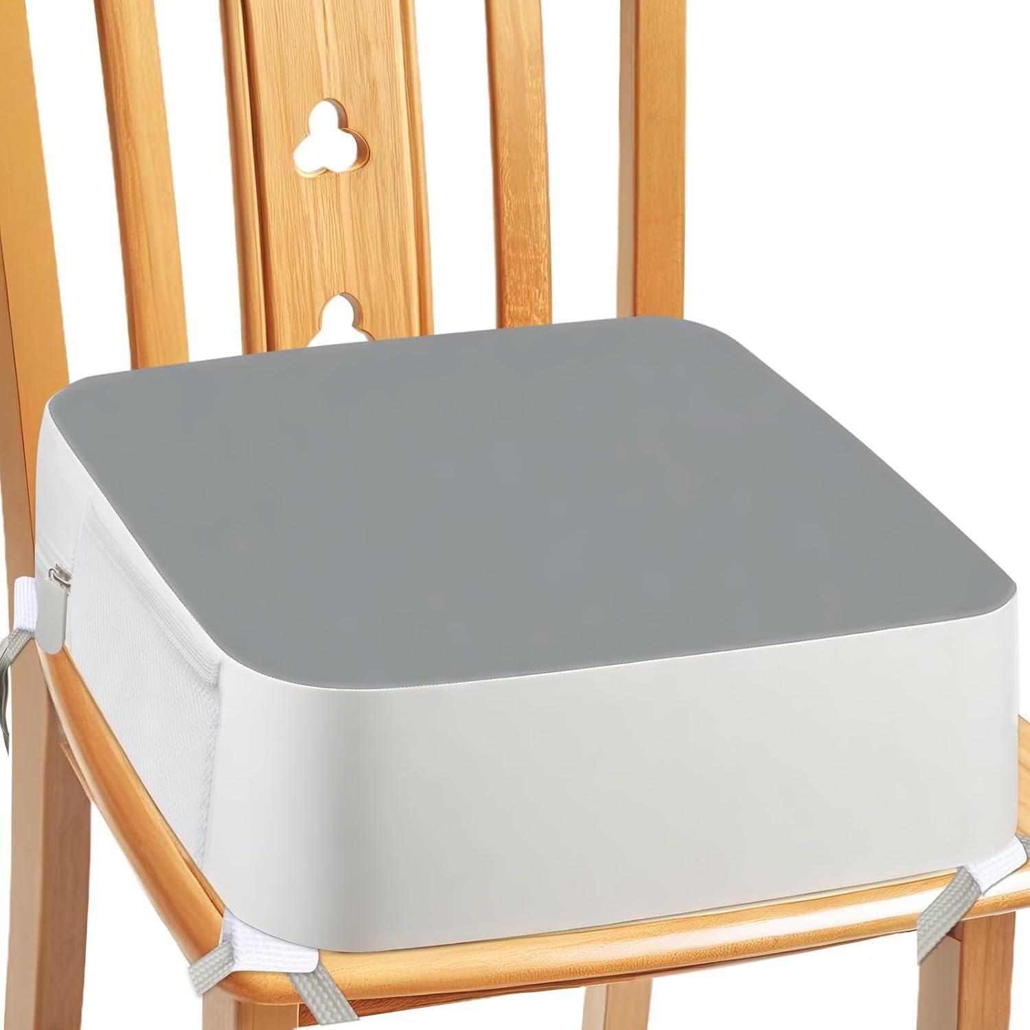Toddler Booster Seat for Kitchen Chair 4 Point Anchor Fix 3.8 Inch Lift | Waterproof PU Chair Booster Cushion with Non-Slip Bottom Side Pockets, Portable for Meals Travel Daycare (Grey)