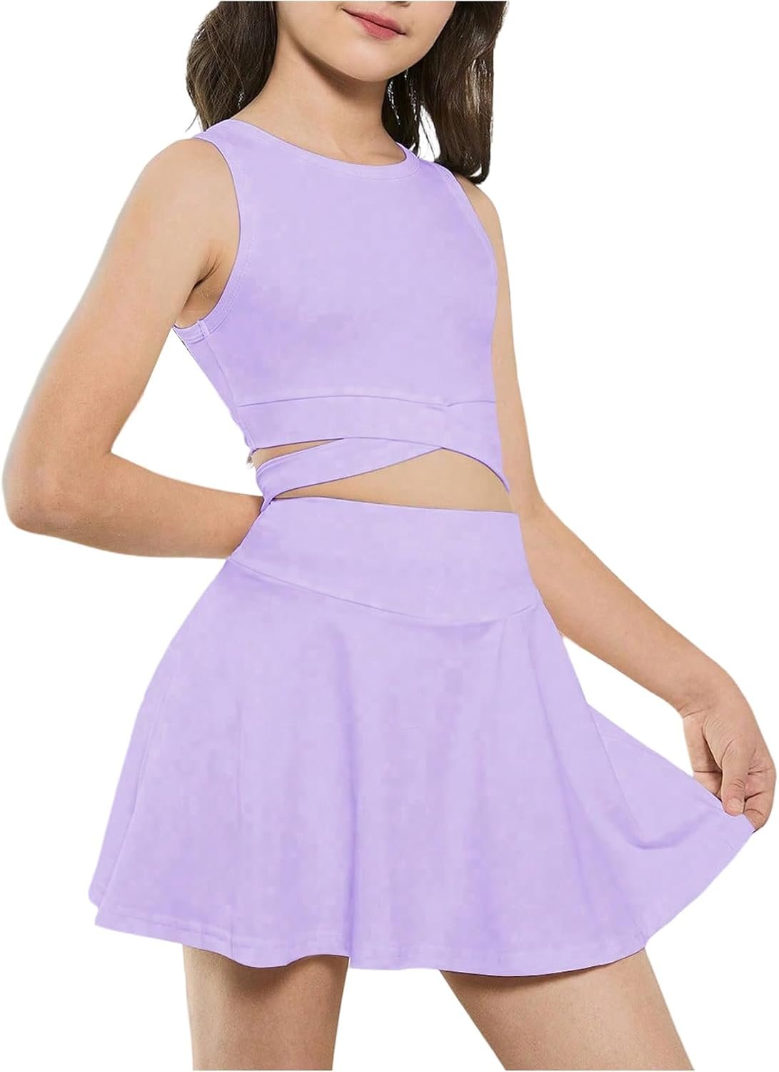 WDIRARA Girl’s Workout Outfits Crisscross Crop Tank Top and Skort Skirt Set | Crisscross Top, Flare Skort, Workout, Cheer Practice Outfits