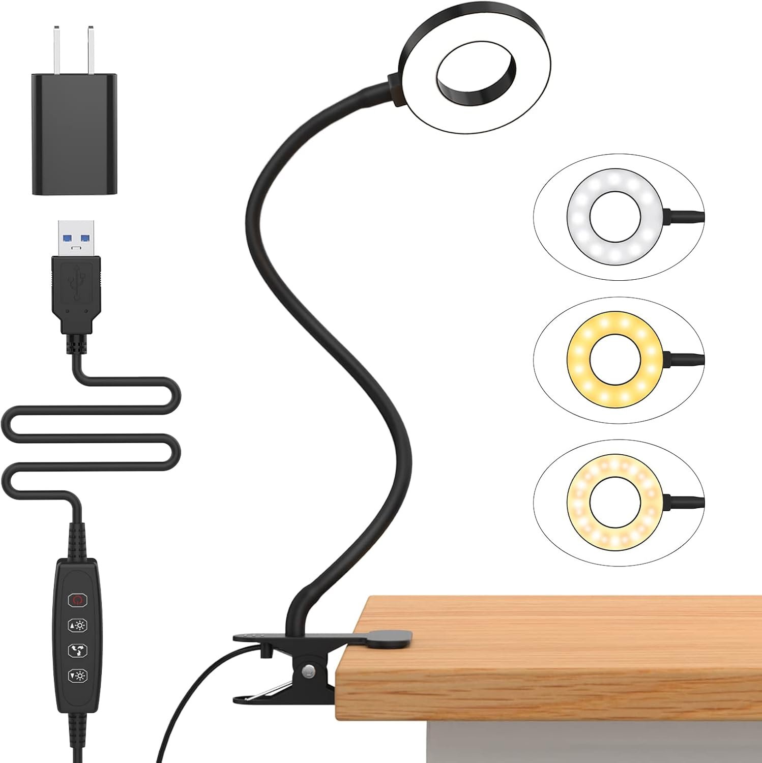 iZELL Desk Lamp, [3 Color Modes & 10 Brightness] LED Reading Light with Clamp, Silicone Flexible Arm Book Light for Kids Reading Book in Bed at Night Clip on Table, Headboard, Dorm – 15.8‘’ Black
