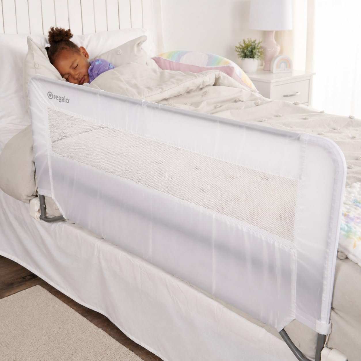 Regalo Swing Down Toddler Bed Rail Guard, NO Tools Required, Bed Rail for Toddlers with Patented Gap Guard, Toddler Bed Rail, Fits Twin, Full & Queen Beds, Bed Safety Rail for Kids Bed, 43” Long