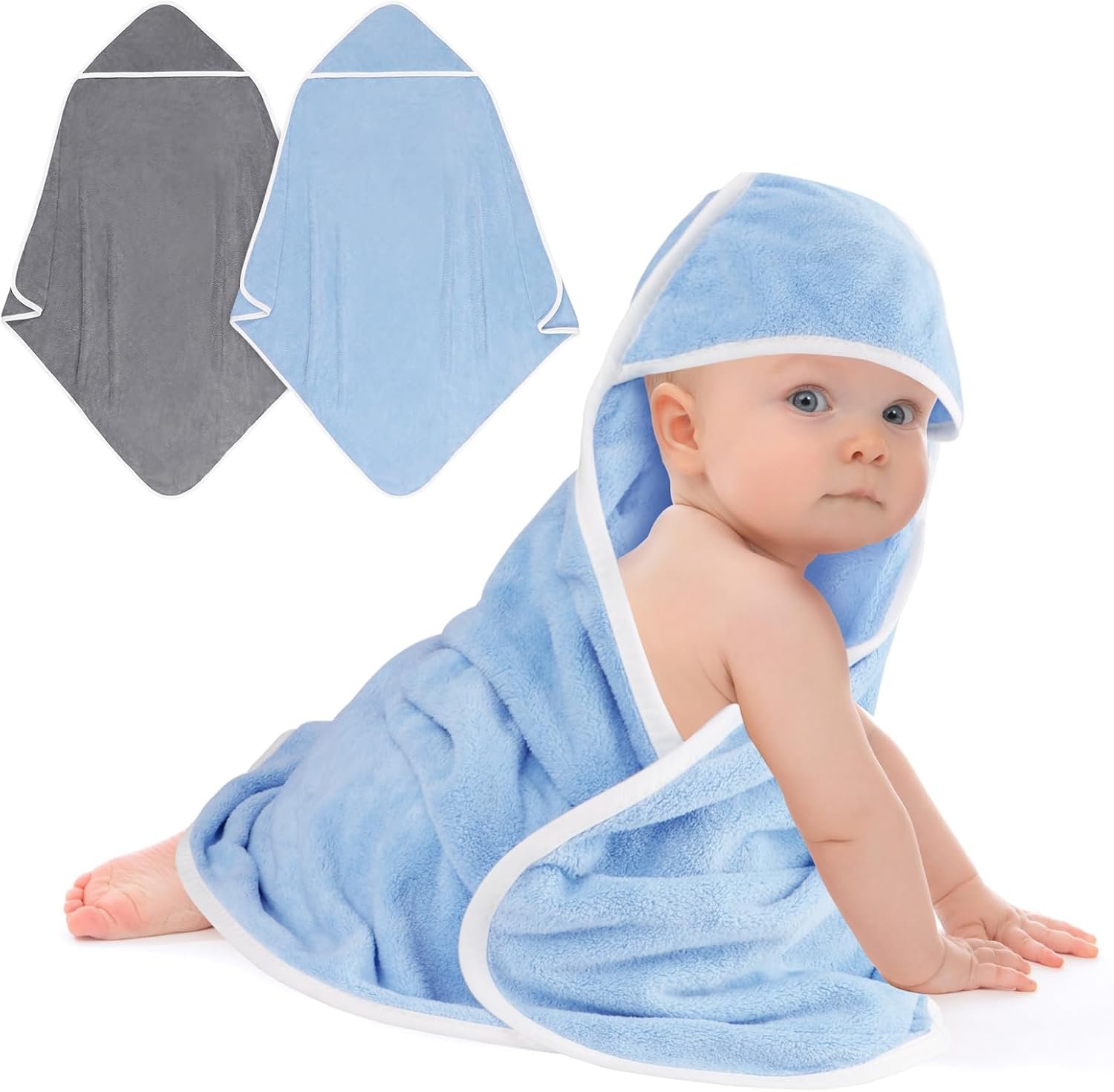 UNIMADE Hooded Towel for Newborn, 2 Pack Soft Coral Fleece Baby Towels | Ultra Absorbent Bath Cloths Bulk for Infants, Toddlers, Newborn Essential- 30 x 30 inch – Grey & Blue