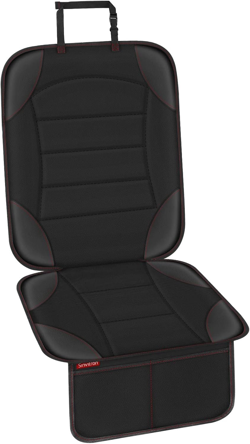 Sinvitron Car Seat Protector for Child Car Seat – Waterproof Non-Slip Leather Mat with 2 Mesh Pockets, Universal Seat Cover for Baby, Pets & Vehicles (1-Pack, Black)