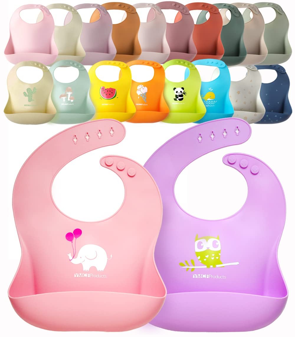 2-Pack Waterproof Silicone Baby Bib Lightweight Comfortable Easy-Wipe Clean (Purple/Light Pink, Large)