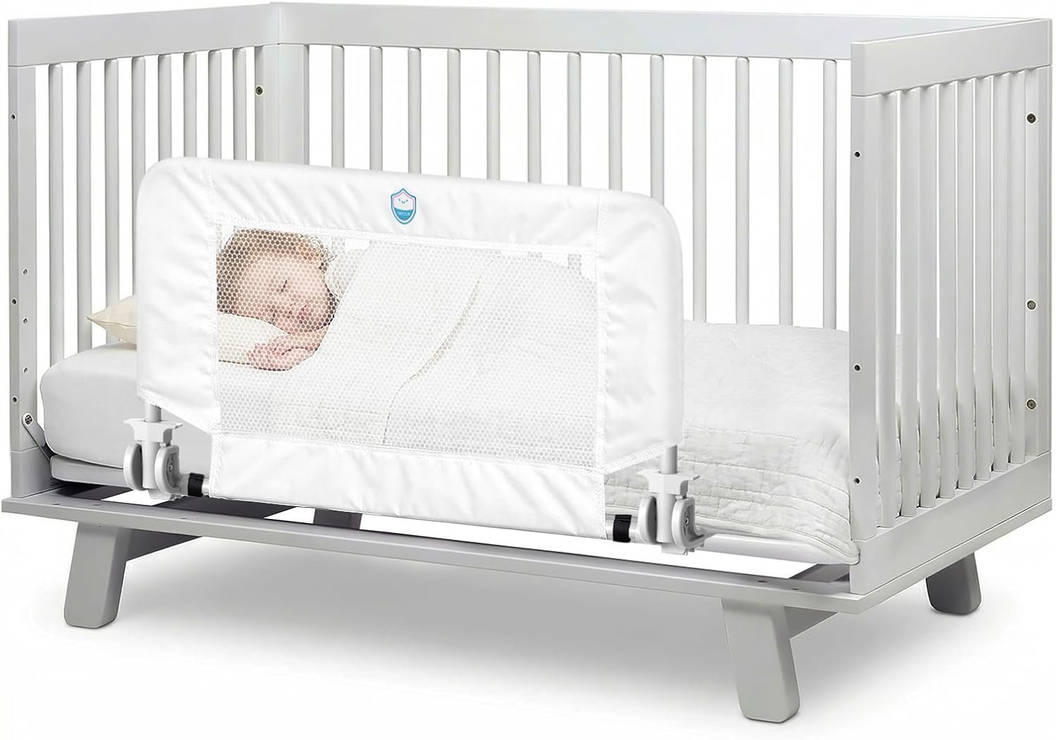 Salcod Universal Swing Down Crib Rail Guard for Toddlers, 33″, White | 33″W x 16″H, Swing-Down Toddler Bed Rail, Breathable Mesh Panel, Reinforced Wing-Nut System, Quick Installation
