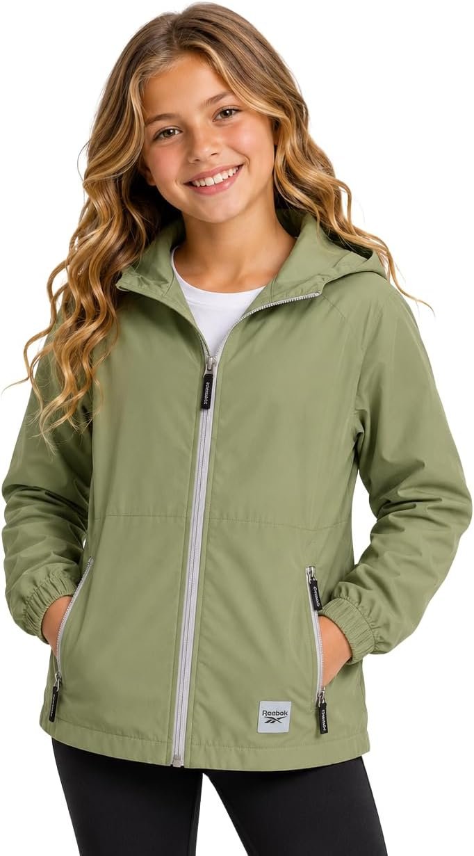 Reebok Girls Polar Fleece Lined Hooded Windbreaker Jacket | Wide Hood and Large Collar Seal Out Chill, Soft Lining Keeps Her Toasty, Versatile Layer for School and Play
