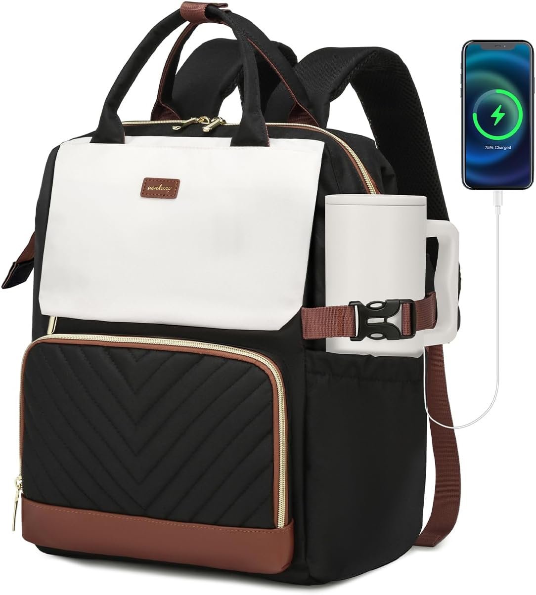 Bookbag for Women Laptop Backpack, Teacher Nurse Work Computer Bags with Cup Holder & USB Charger for Travel, School Bag College Back Pack for Girls, BlackWhiteBrown