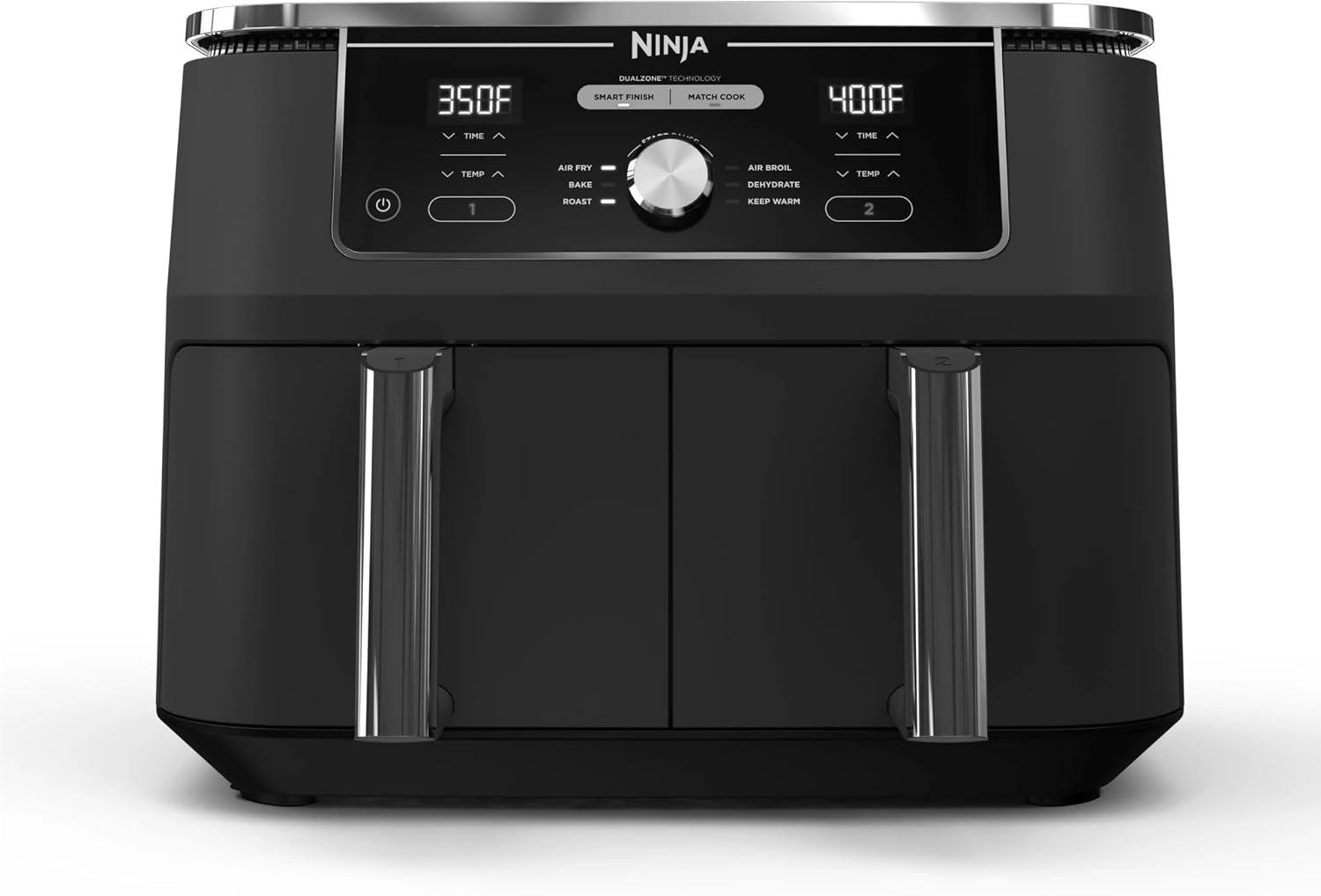 Ninja DZ401 Foodi 10 Quart 6-in-1 DualZone XL 2-Basket Air Fryer with 2 Independent Frying Baskets, Match Cook & Smart Finish to Roast, Broil, Dehydrate for Quick, Easy Family-Sized Meals, Grey | Air fry, roast, broil, bake, reheat, dehydrate, 2 independent 5 Qt baskets, Match Cook, IQ Boost