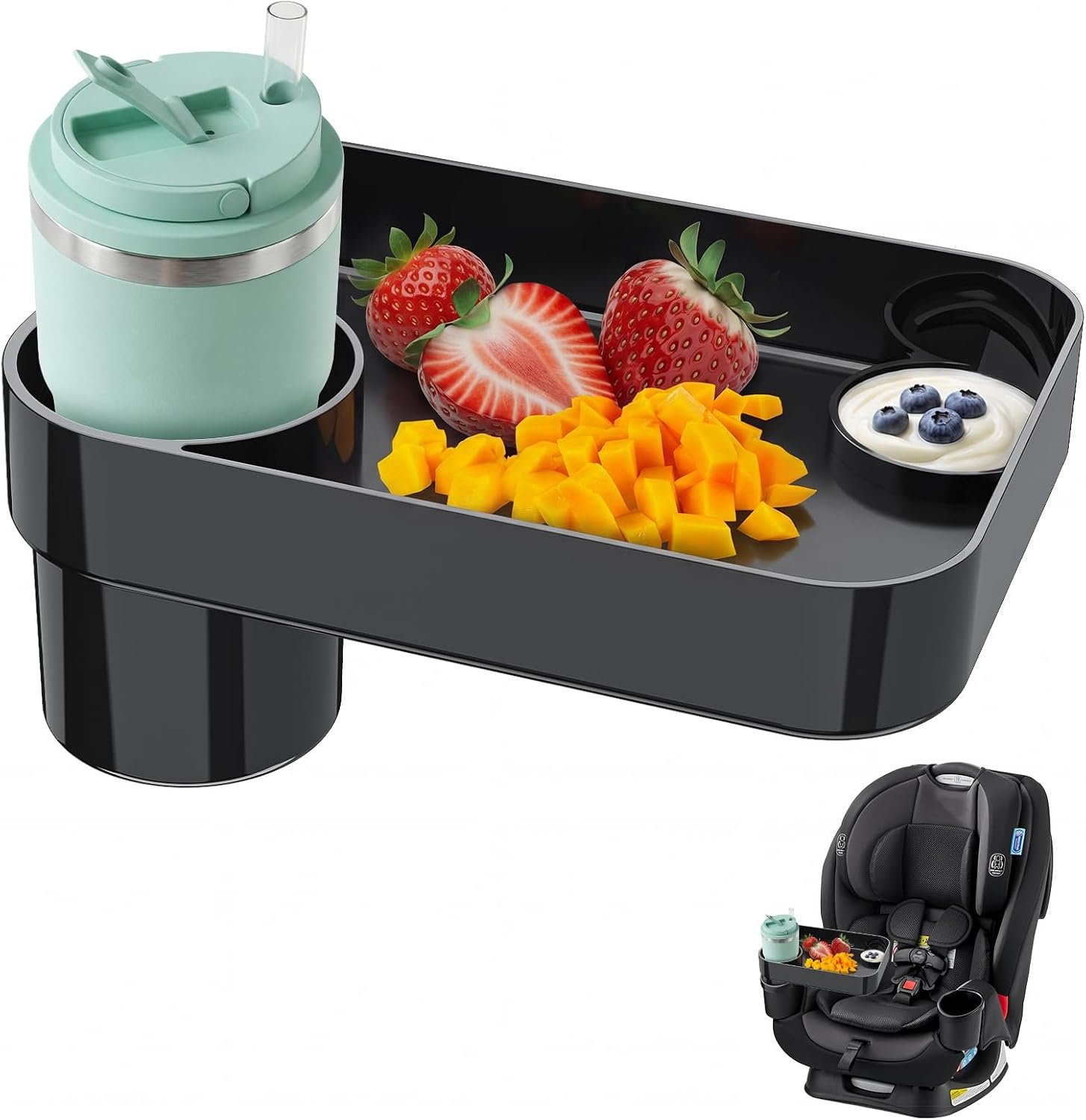 Toddler Car Seat Snack Tray – 3 Inch Cup Holder with Dip Well Fits Most Sippy Cups & Straw Bottles, Mess-Free Square Kids Travel Tray Road Trip Essentials, Black