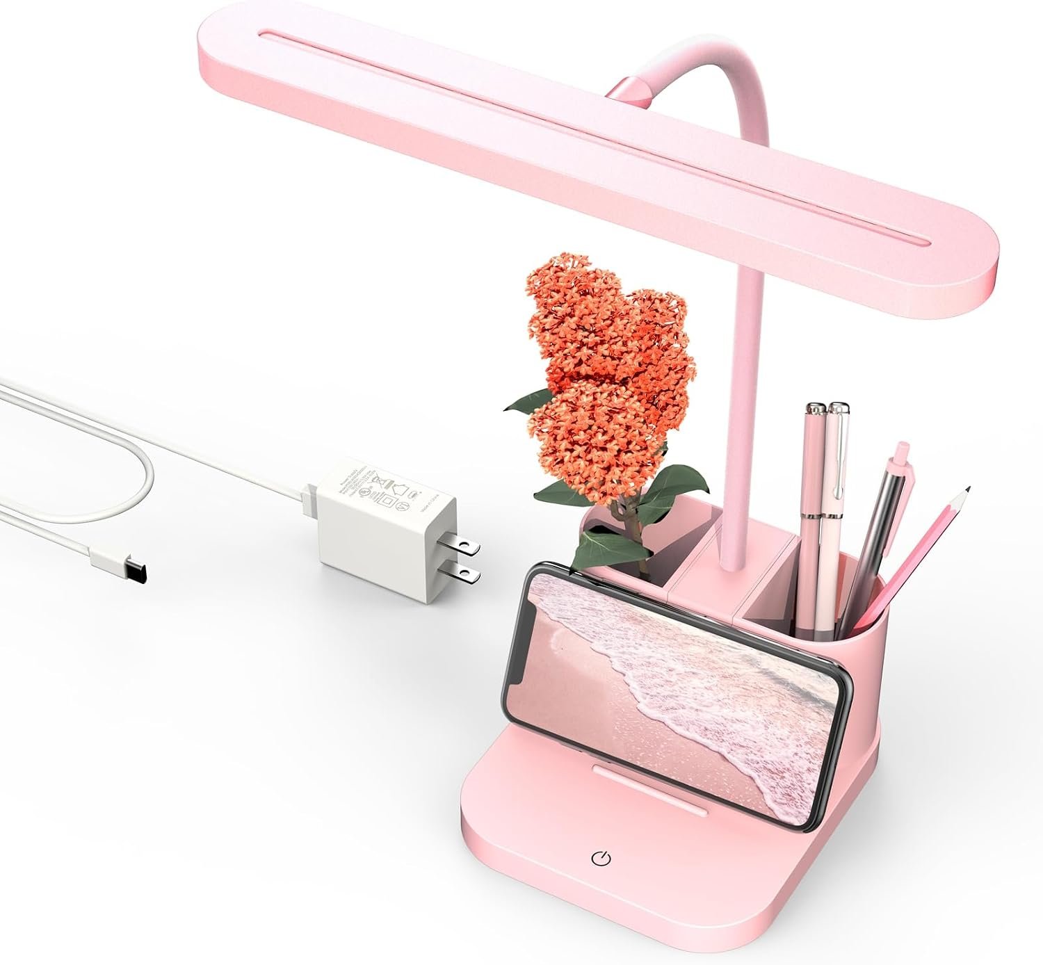 AXX Pink Desk Lamp for Home Office, Cute Table Lights for Bedrooms, Kawaii, Dimmable LED, Flexible Gooseneck, Pen Holder, Touch Control, Room College Dorm Essentials for Teen Girls Kids
