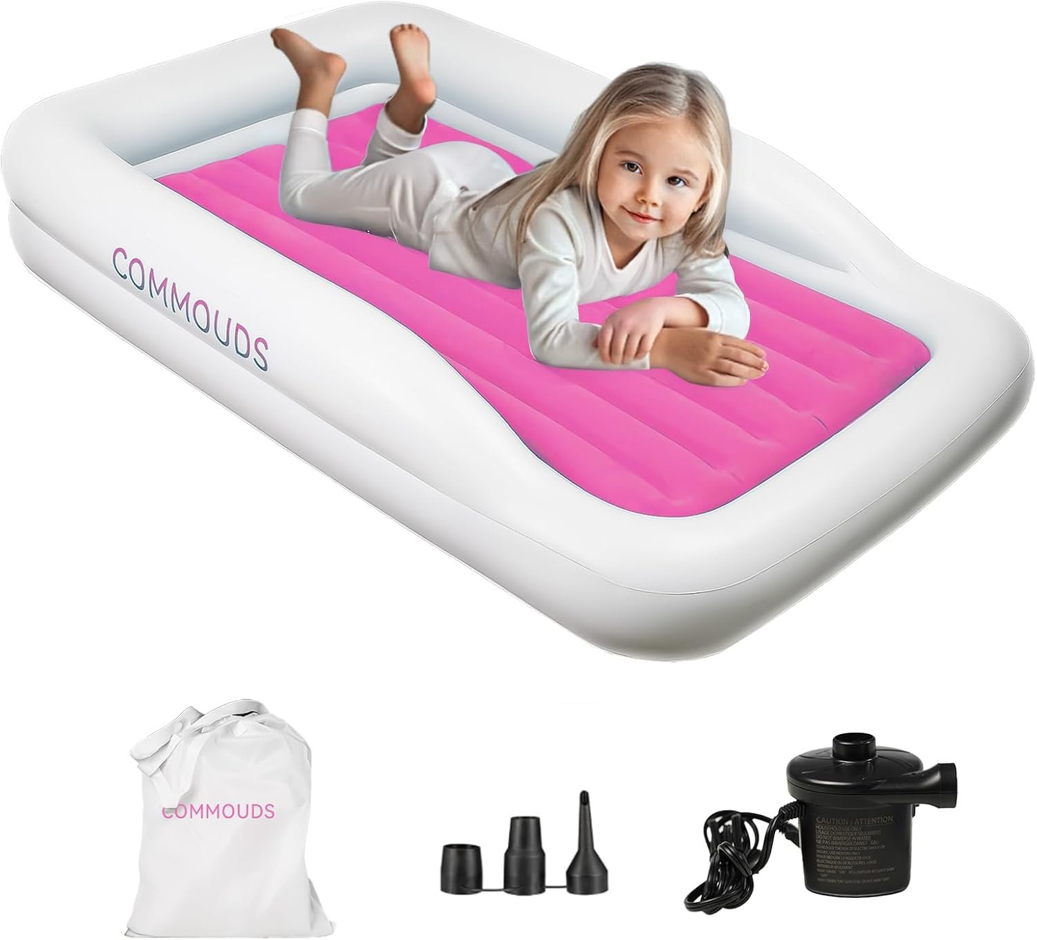 COMMOUDS Portable Toddler Travel Bed with Safety Bumpers, Inflatable Kids Air Mattress with Electric Pump, Baby Blow up Mattress, for Grandma’s Home Camping Vacation