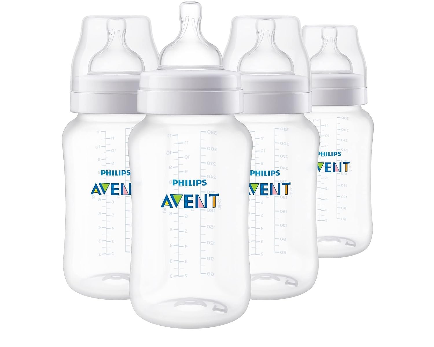 Philips Avent Anti-Colic Baby Bottle, Fast Flow 3 Nipple, 3m+, 11oz, 4 Pack, Clear, BPA-Free, SCY106/04