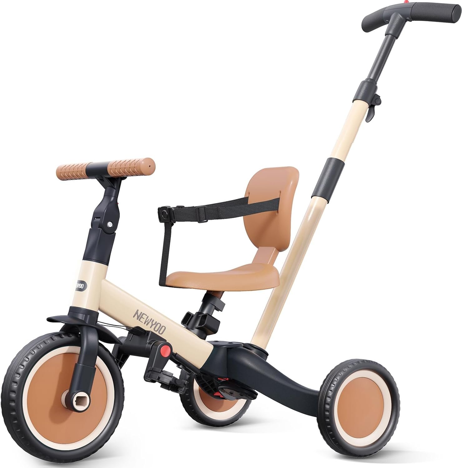 newyoo Toddler Tricycle with Push Handle for 1-3 Year Old, Toddler Bike, Birthday Gift and Toy for Boys and Girls, 5 in 1 Kids Trike, Balance Bike with Backrest and Safety Belt, Khaki, TR007 | Toddler Trike with Push Handle Lets Parents Steer and Converts to Balance Bike, Fun Outdoor Toy for Boys and Girls, Khaki