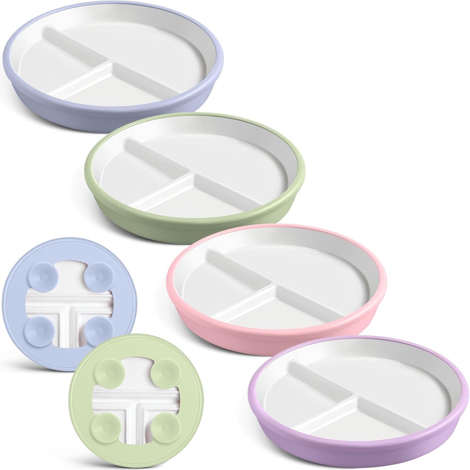Domensi 4 Pcs 8″ Large Porcelain Kids Plates with Anti-slip Silicone Sleeve Ceramic Divided Plate with Suction for Toddler Eating Microwave Dishwasher Friendly (Blue,Green,Purple,Pink)