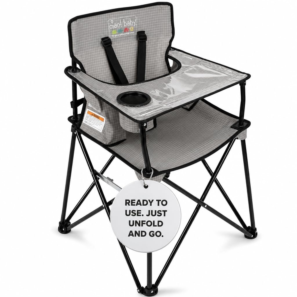 ciao! Baby Portable High Chair, Fold Up Travel Seat with Tray, Designed for Camping and Picnics, Lightweight Design, Ideal for Babies and Toddlers, Grey Check